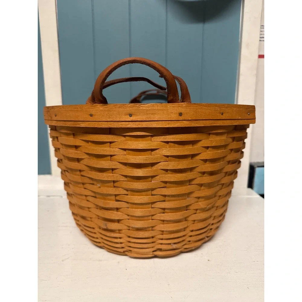 Large Longaberger Baskets Handwoven Hostess Leather Handles Vintage 1995